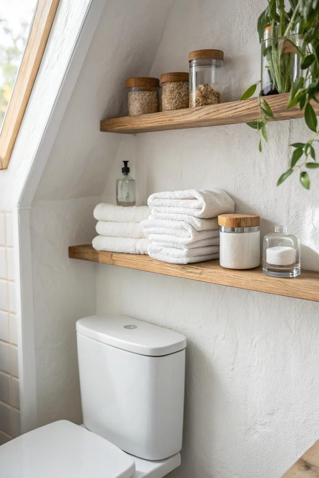 A slim oak shelf over the toilet adds storage and style—keep it curated, calm, and airy.
