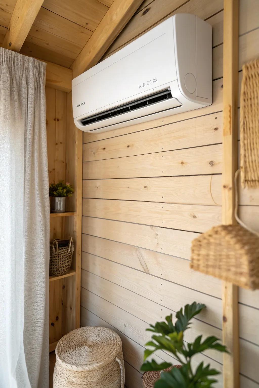 A sleek mini-split keeps a small shed office comfy—quiet, efficient, and beautifully low-profile.