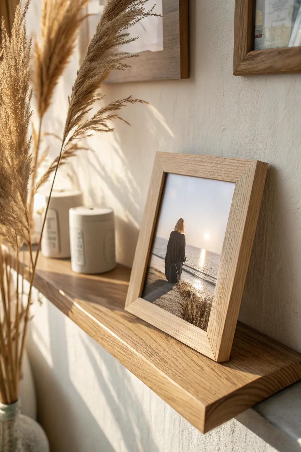 A simple framed photo adds warmth to small shelf decor—personal, calm, and never cluttered.