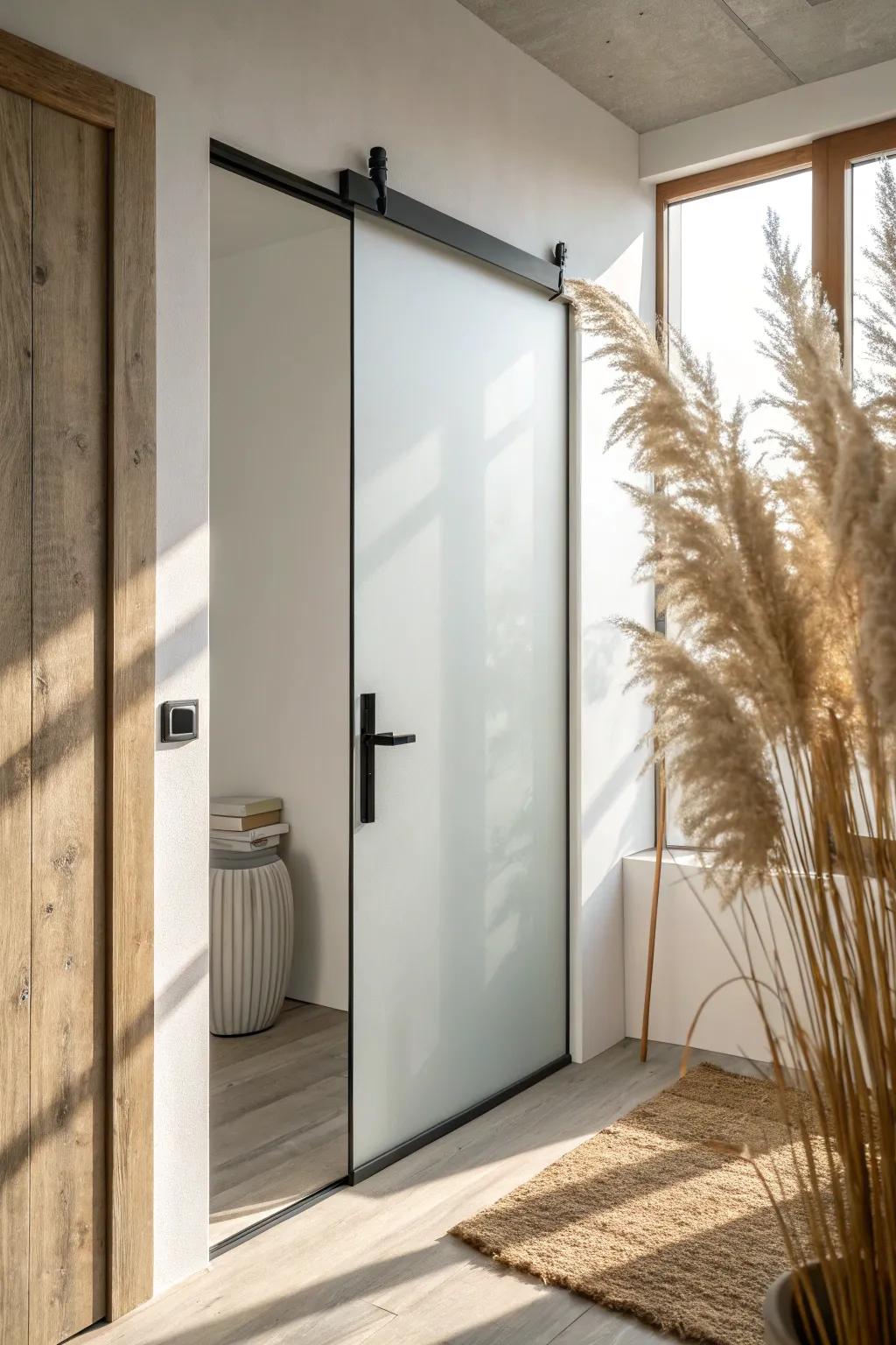 Frosted glass shower door: privacy with light—perfect for small shared bathrooms.