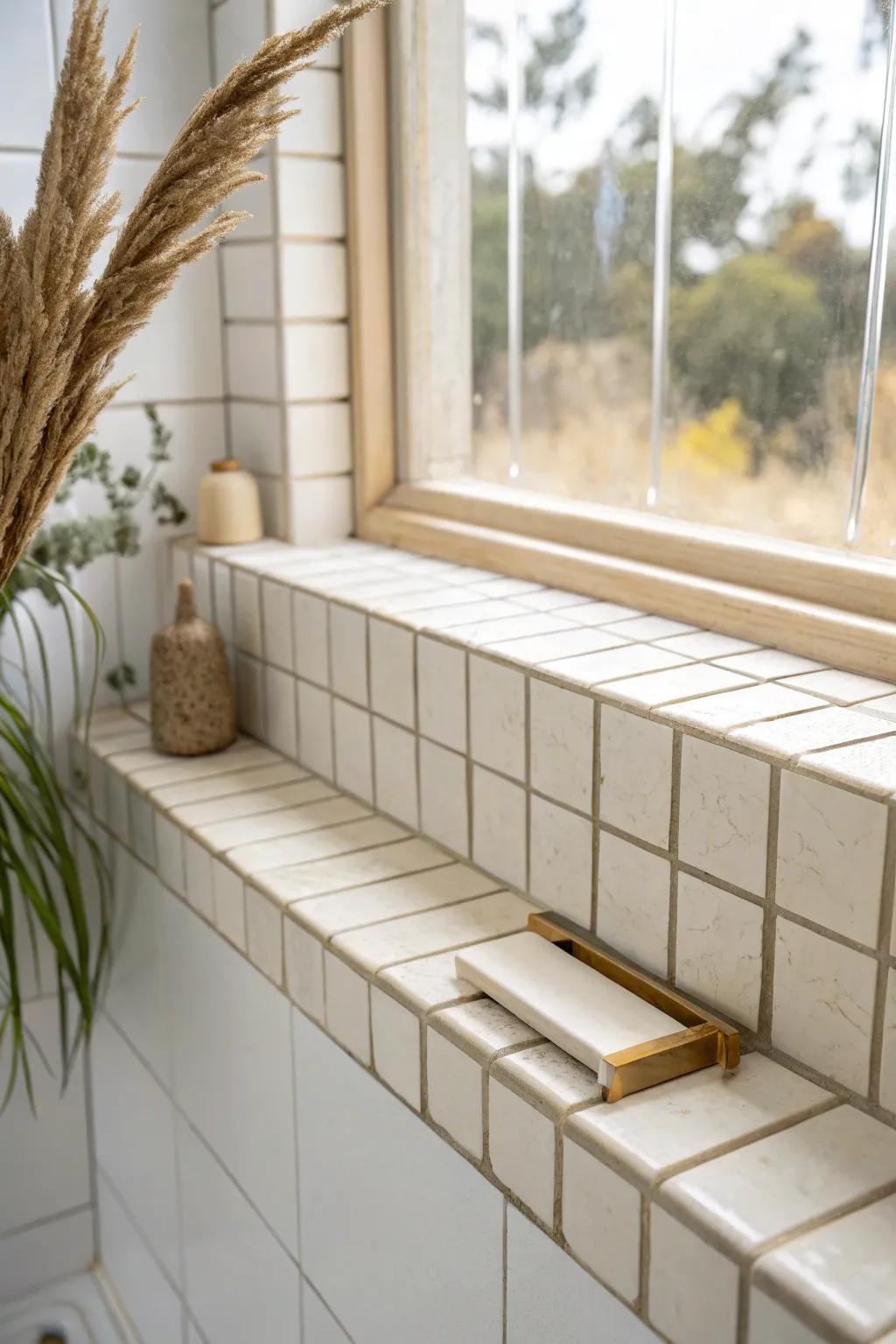 A slim tile ledge adds razor-and-soap storage (and a tiny footrest) without bulk.