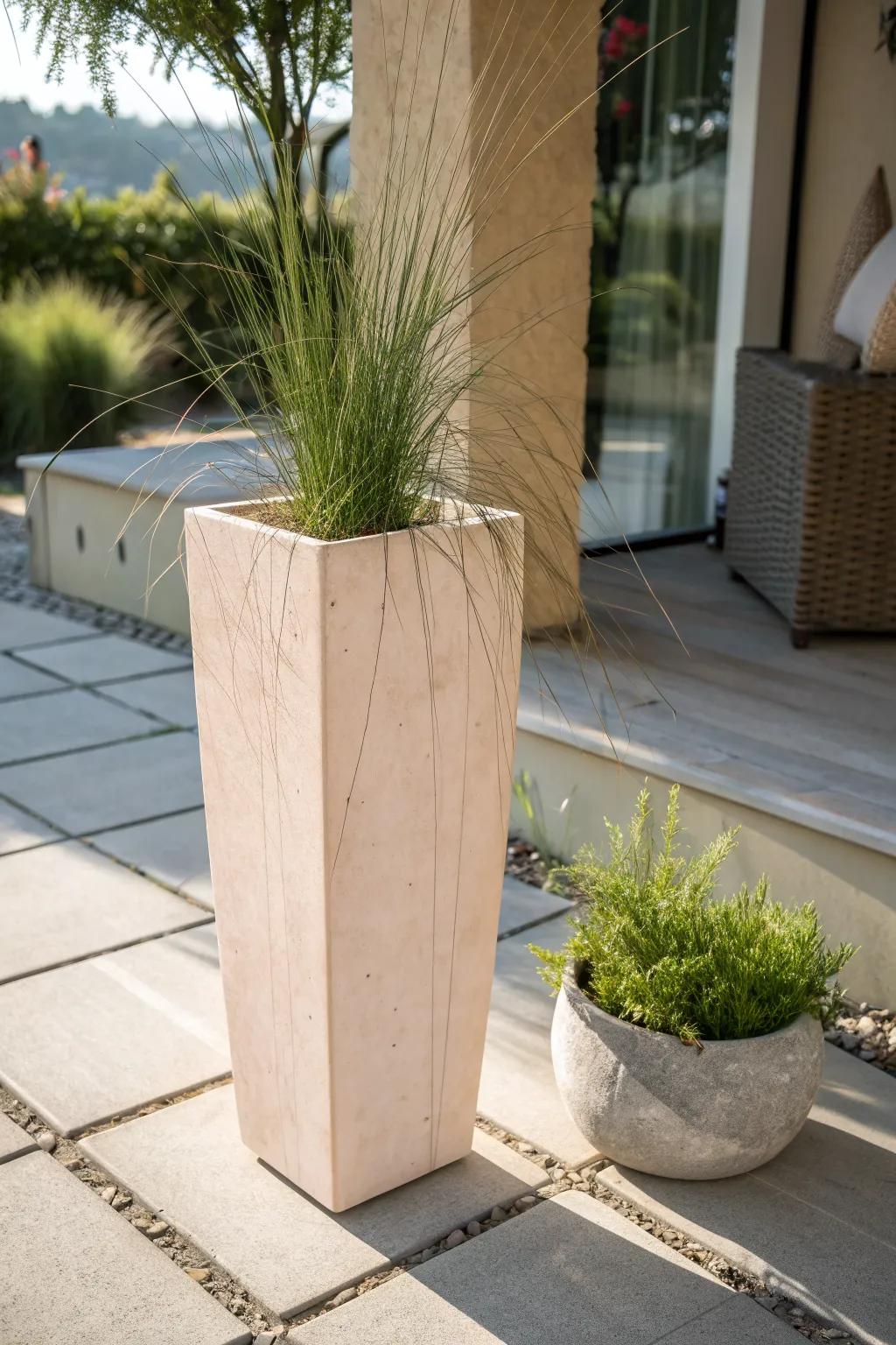 A tall, slim planter creates a movable green wall—privacy without shrinking your side yard.