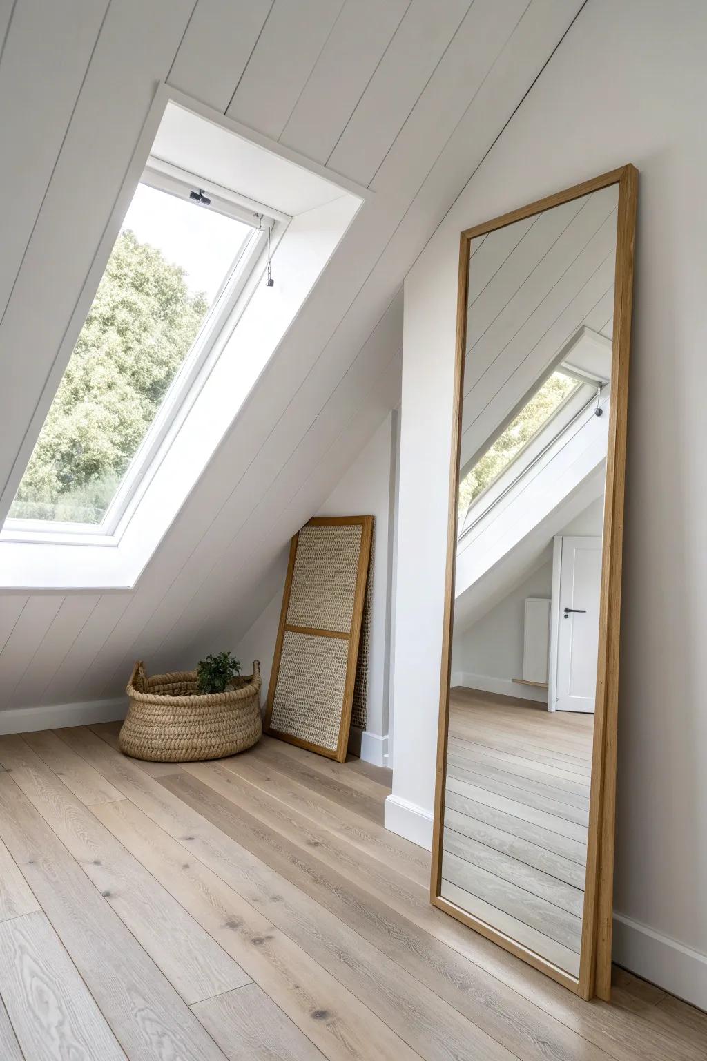 A tall mirror panel at the gable end bounces light and makes slanted closets feel bigger.