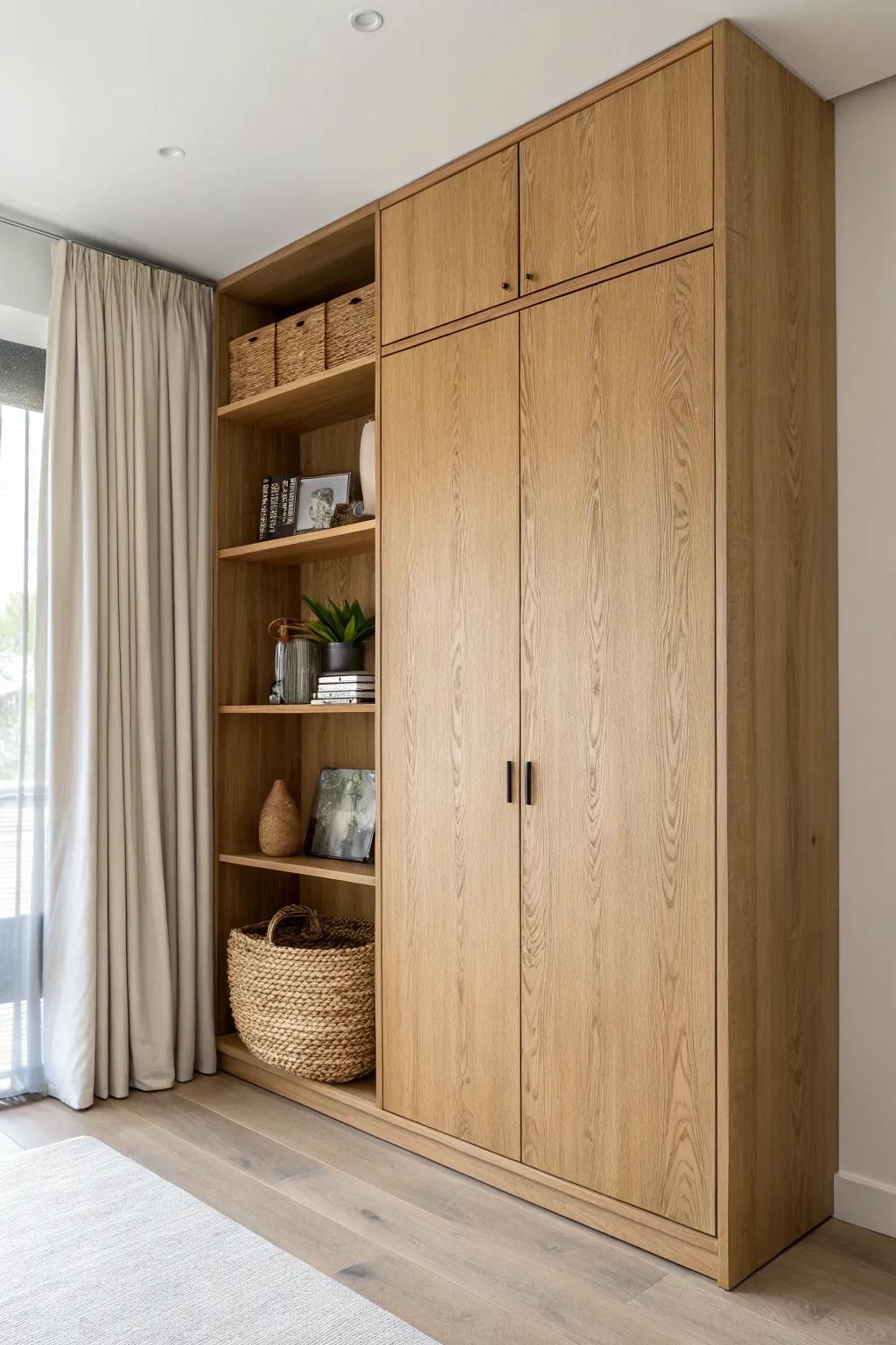 Turn one wall into closed storage—less clutter, more breathing room in a tiny home.