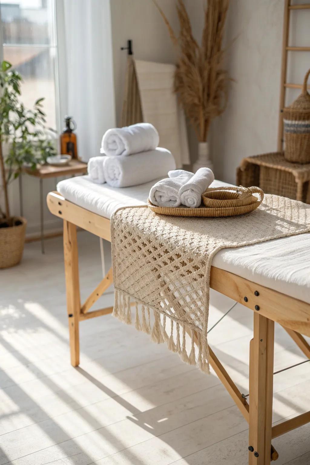 Under-table hammock storage keeps your massage room floor clear and beautifully minimal.