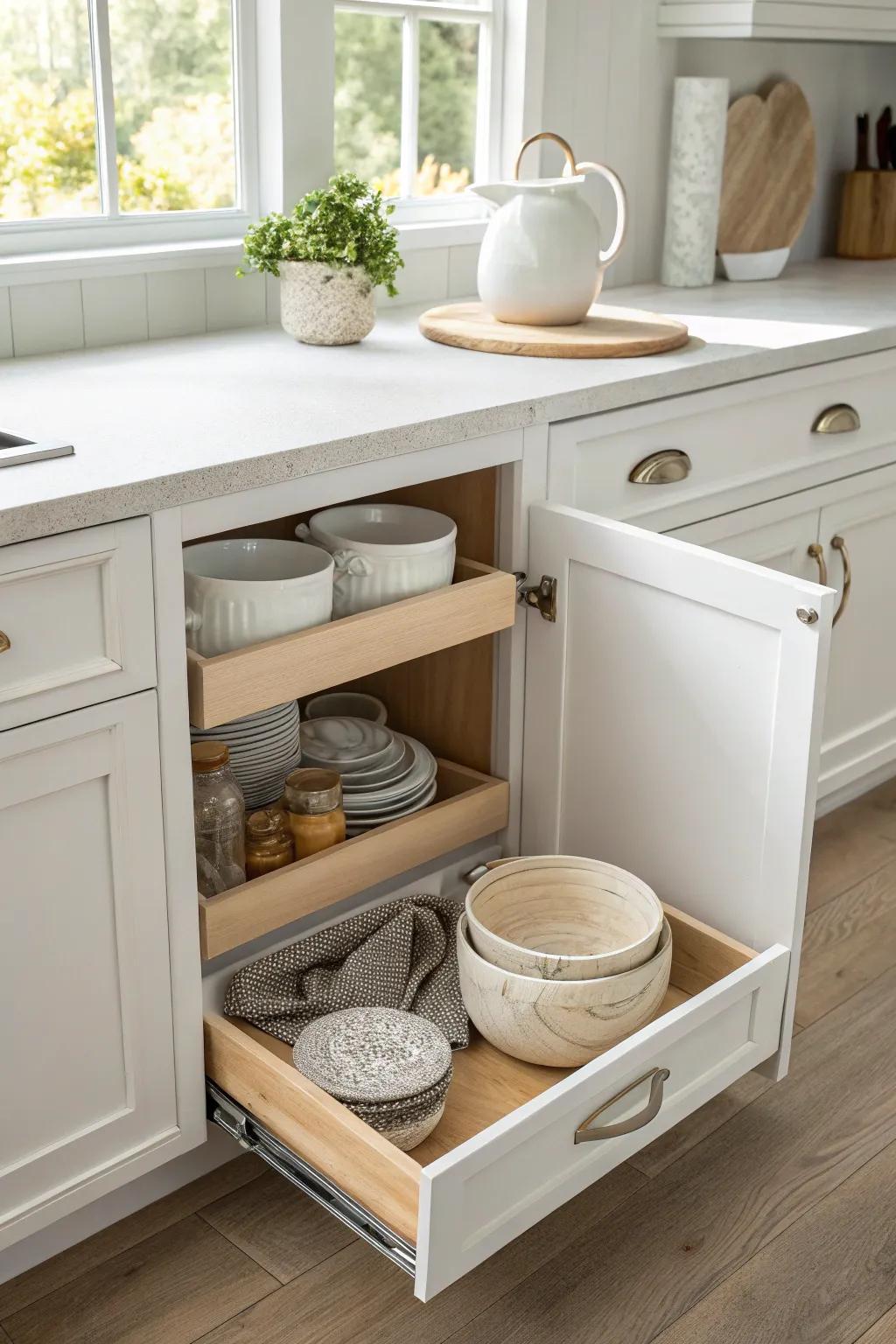Corner pull-out magic: no more lost pots—every inch of your small square kitchen counts.