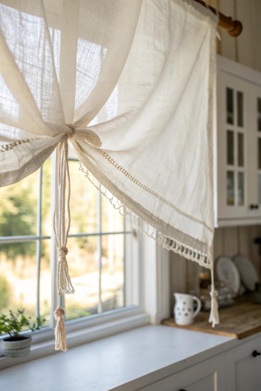Sheer linen shades add privacy without dimming the sunroom’s soft, golden glow.