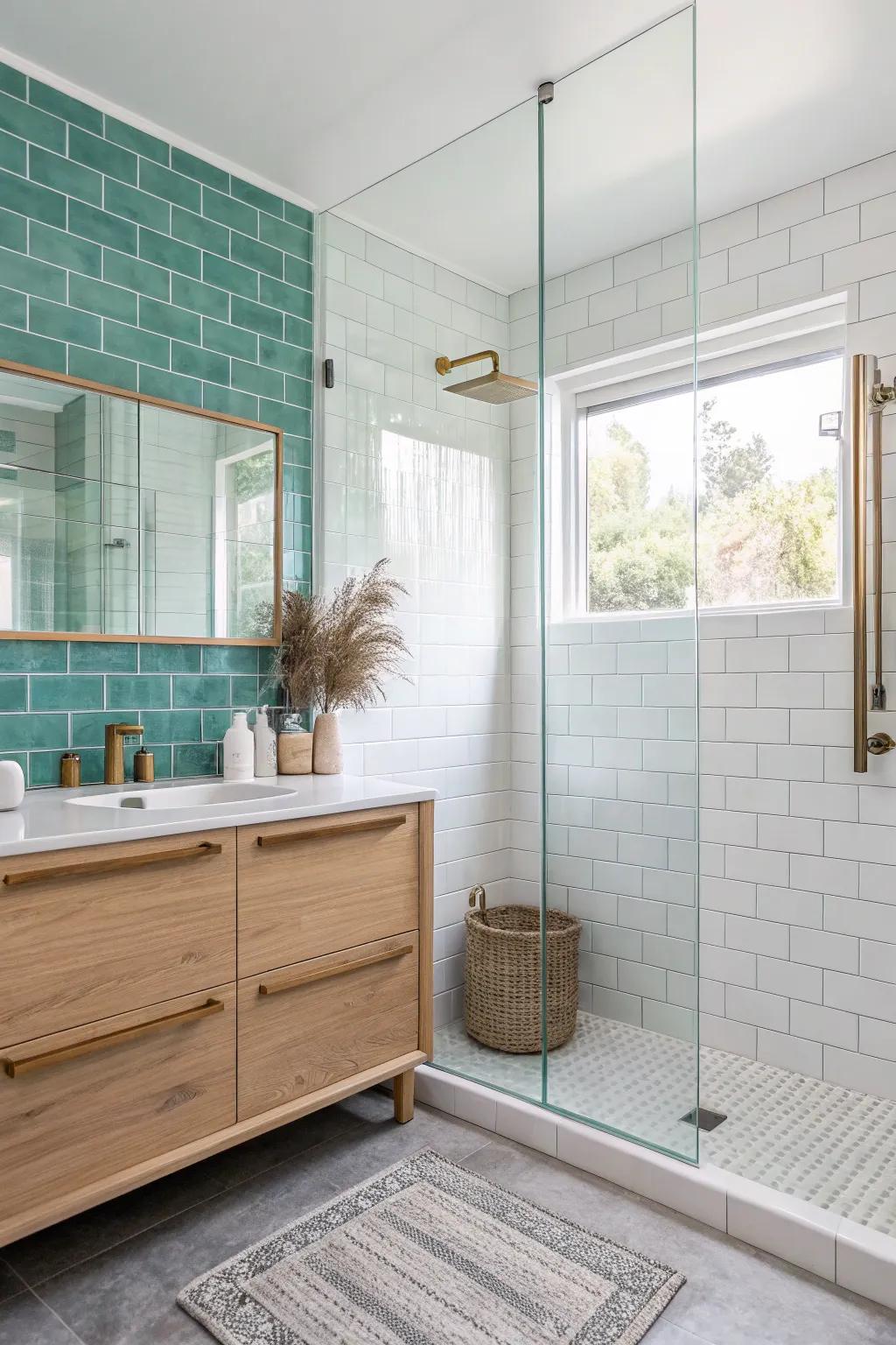 Frameless glass keeps teal tile in full view—making a small shower feel open and luxe.