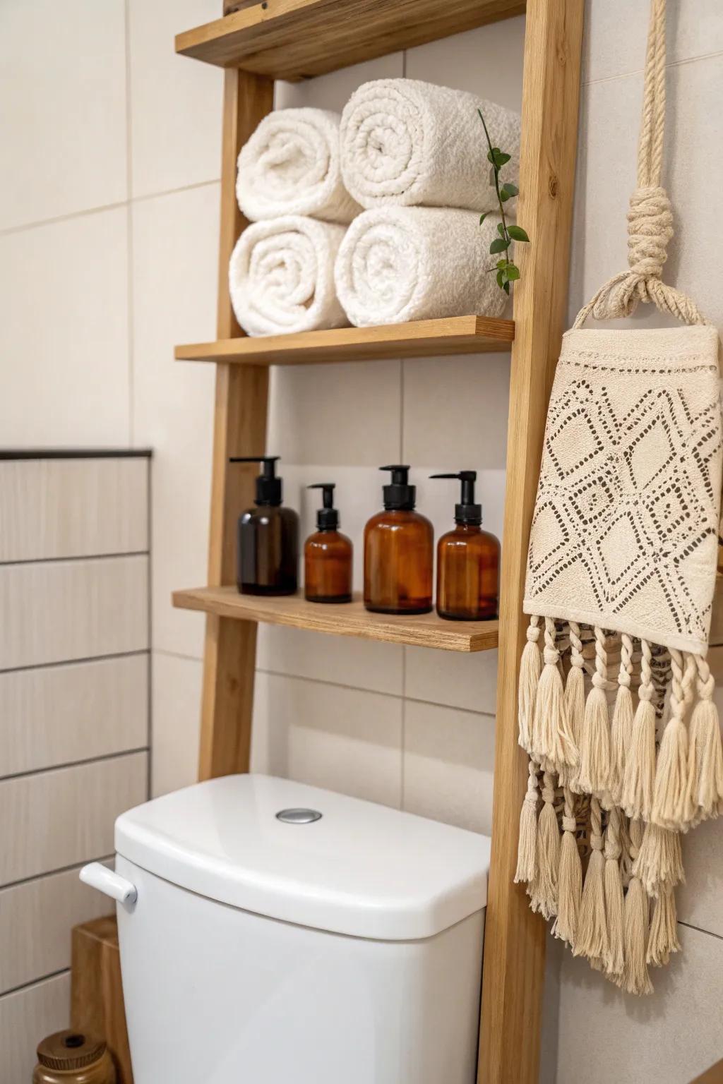 Go upward: a slim shelf above the toilet adds storage without stealing a single inch.