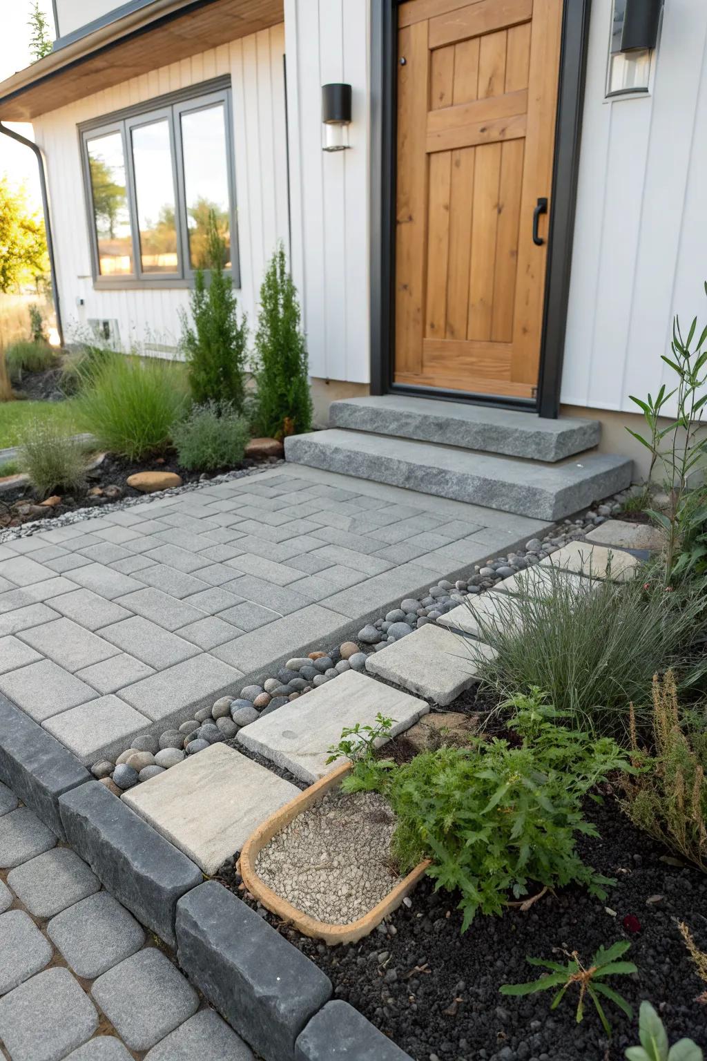 Permeable pavers + a slim herb border make a tiny townhouse entry feel like a mini courtyard.