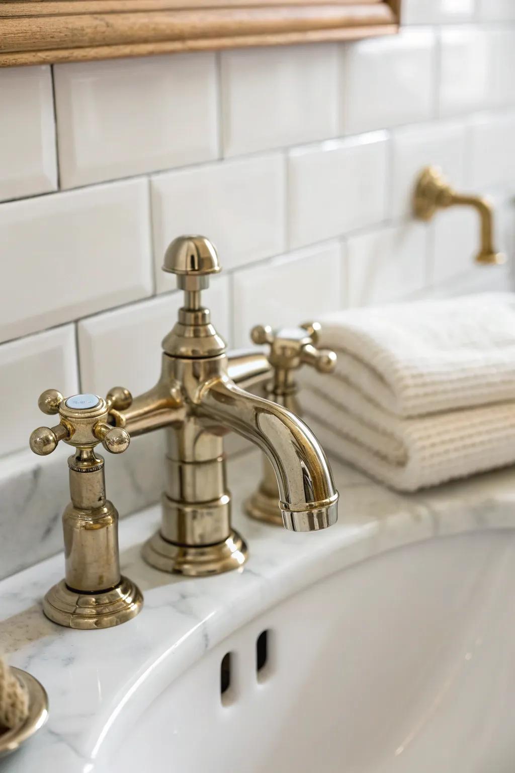 Old-school charm in a tiny bath: warm brass meets cool nickel for collected contrast.