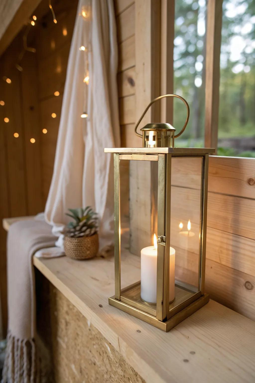 A single lantern and soft string-light sparkle make a tiny treehouse feel cozy, not cramped.