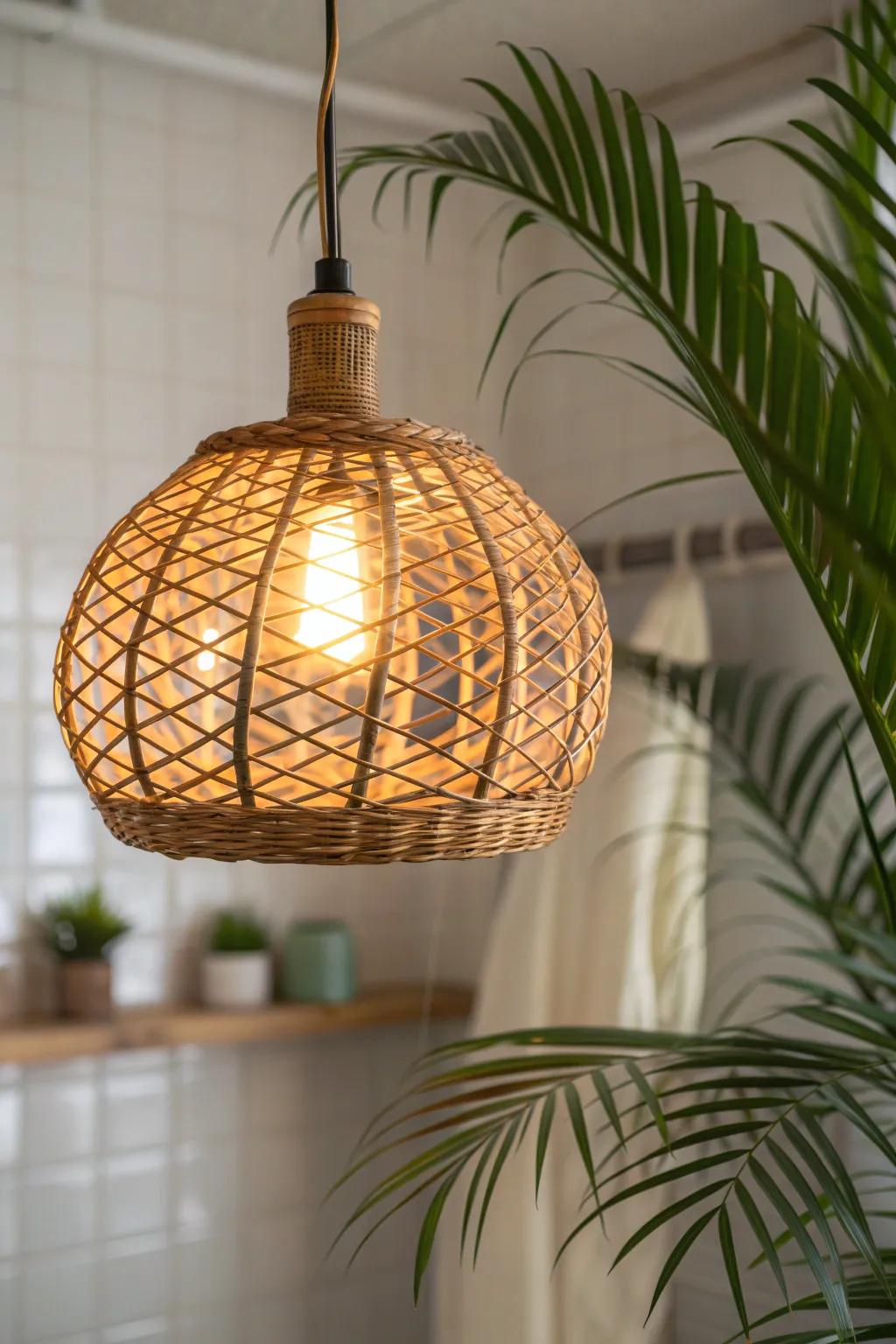 Warm, sunset-like glow from a rattan pendant turns a tiny tropical bathroom into a spa.