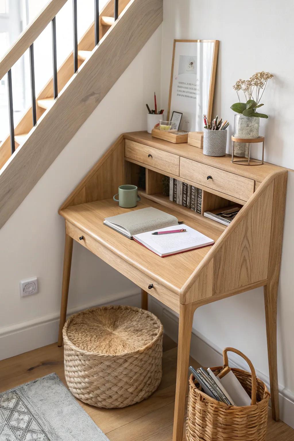 Turn an upstairs landing into a calm mini office with a slim desk and hidden supply bin.