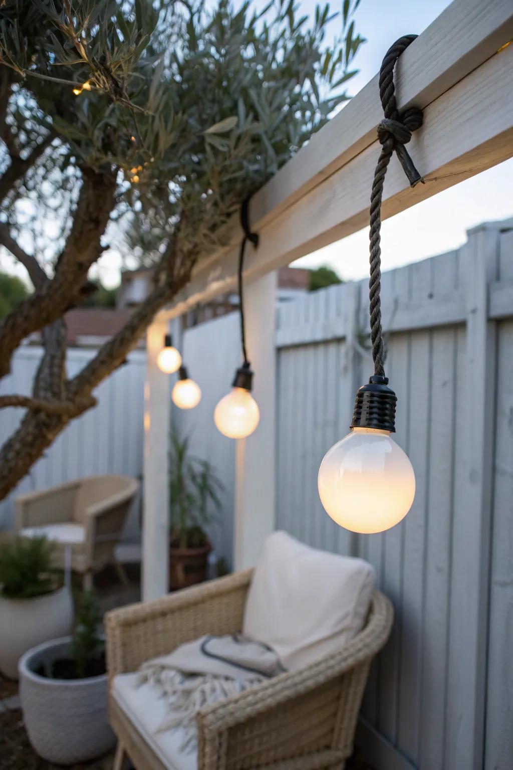 Warm globe string lights turn a tiny urban backyard into a soft, cozy outdoor room at dusk.