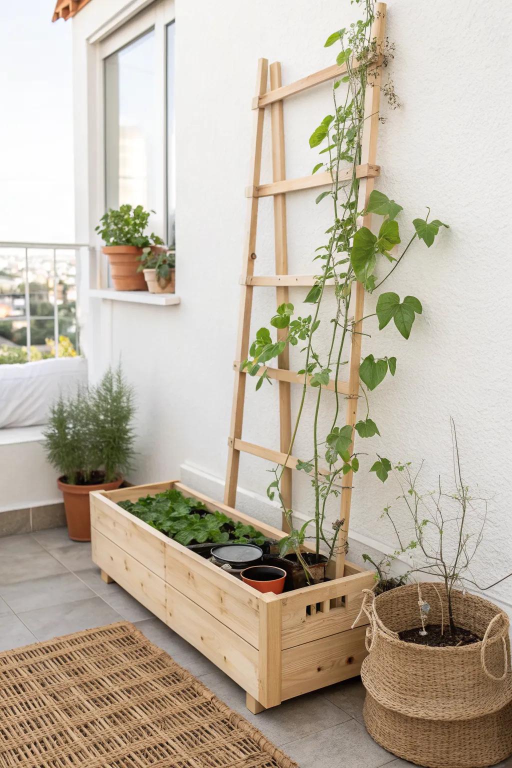 Trellis-backed raised bed: grow climbing veggies up, freeing space for leafy greens below.