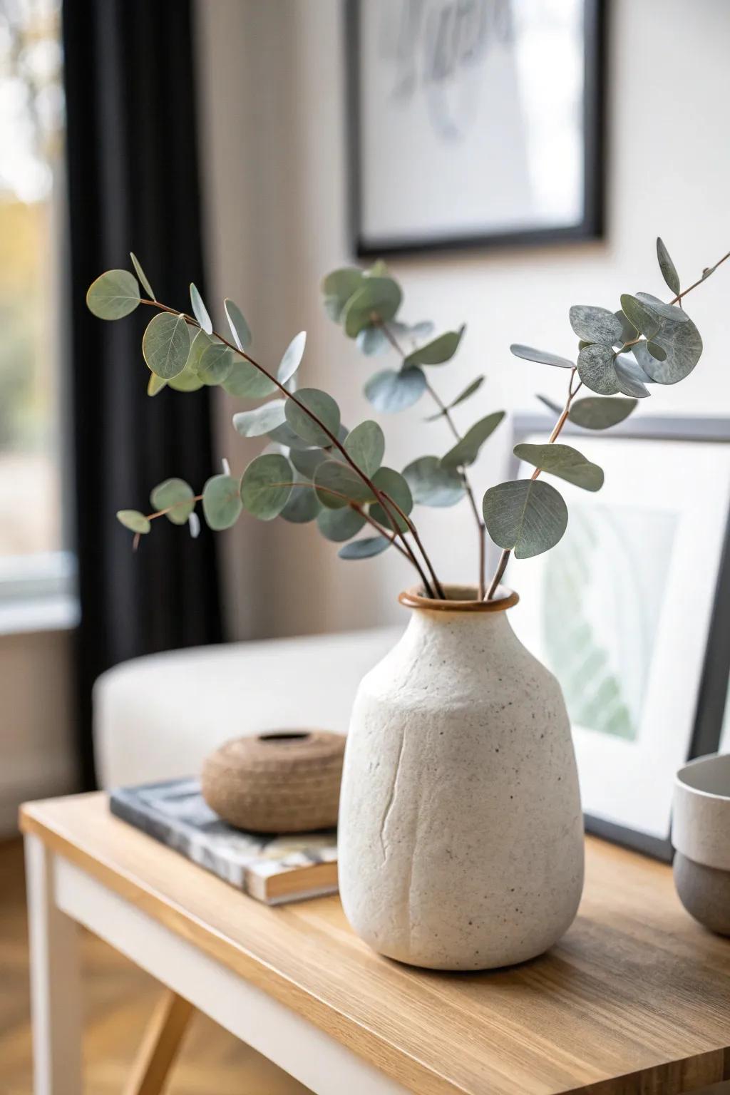 Limit accents to black, tan, and soft green—one statement piece keeps a white room serene.