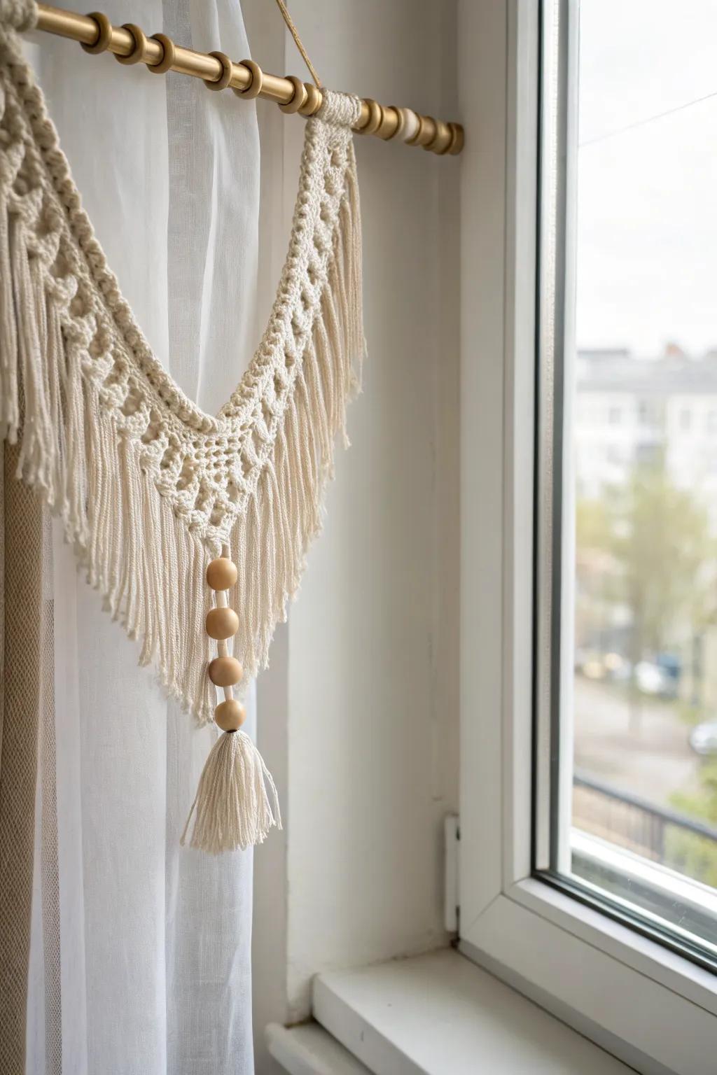 Hang a macramé garland for instant window charm—vertical layers, zero sill clutter.
