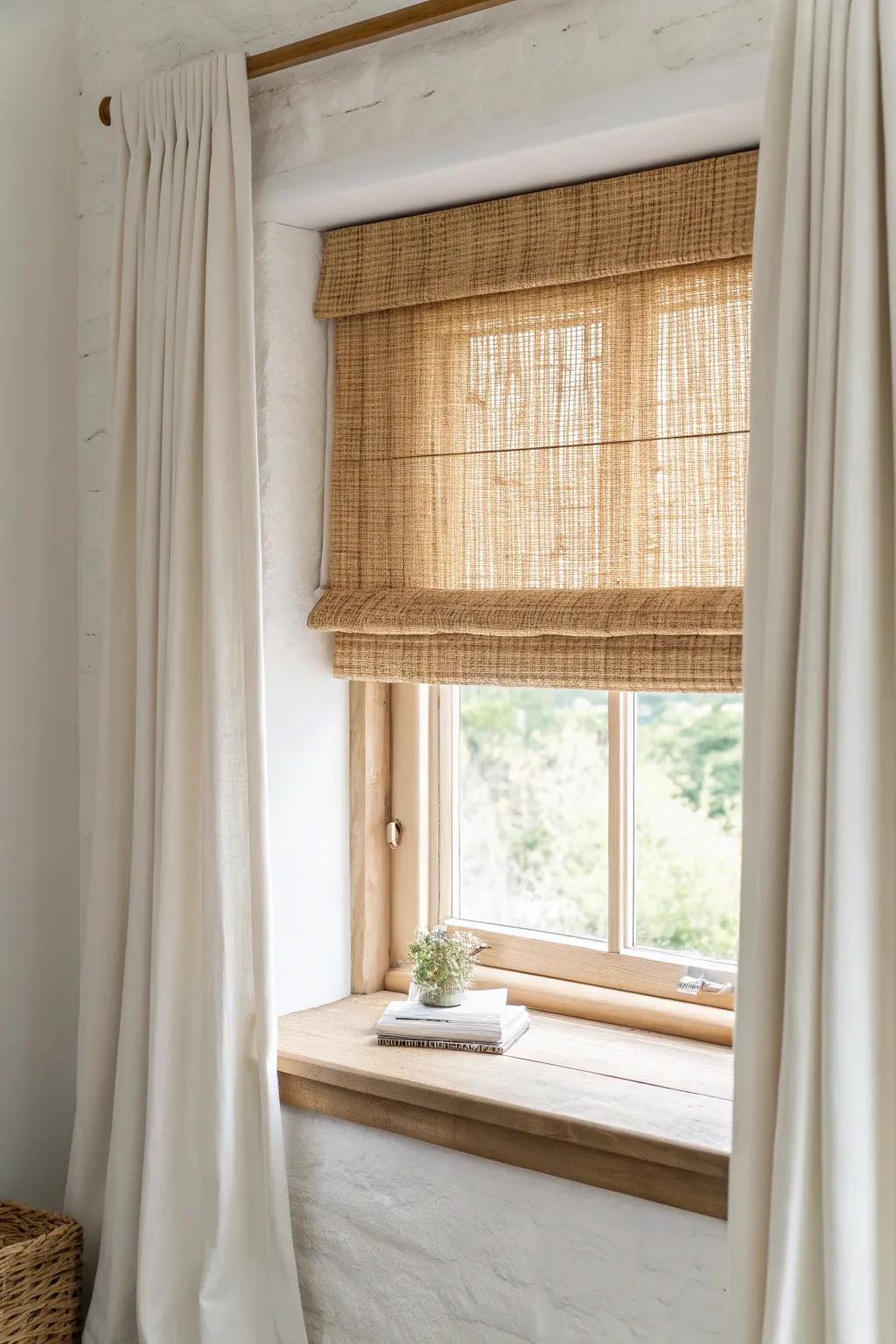 Frame a small window: a soft shade plus slim linen panels for a balanced, cozy look.