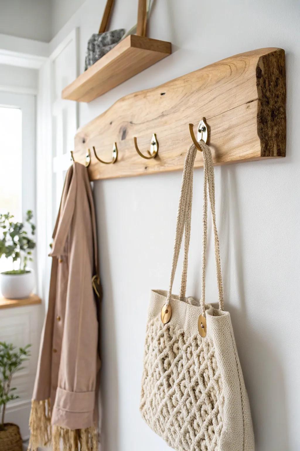 Live-edge wood slab rack with brass hooks—pretty, practical storage for tiny entryways.