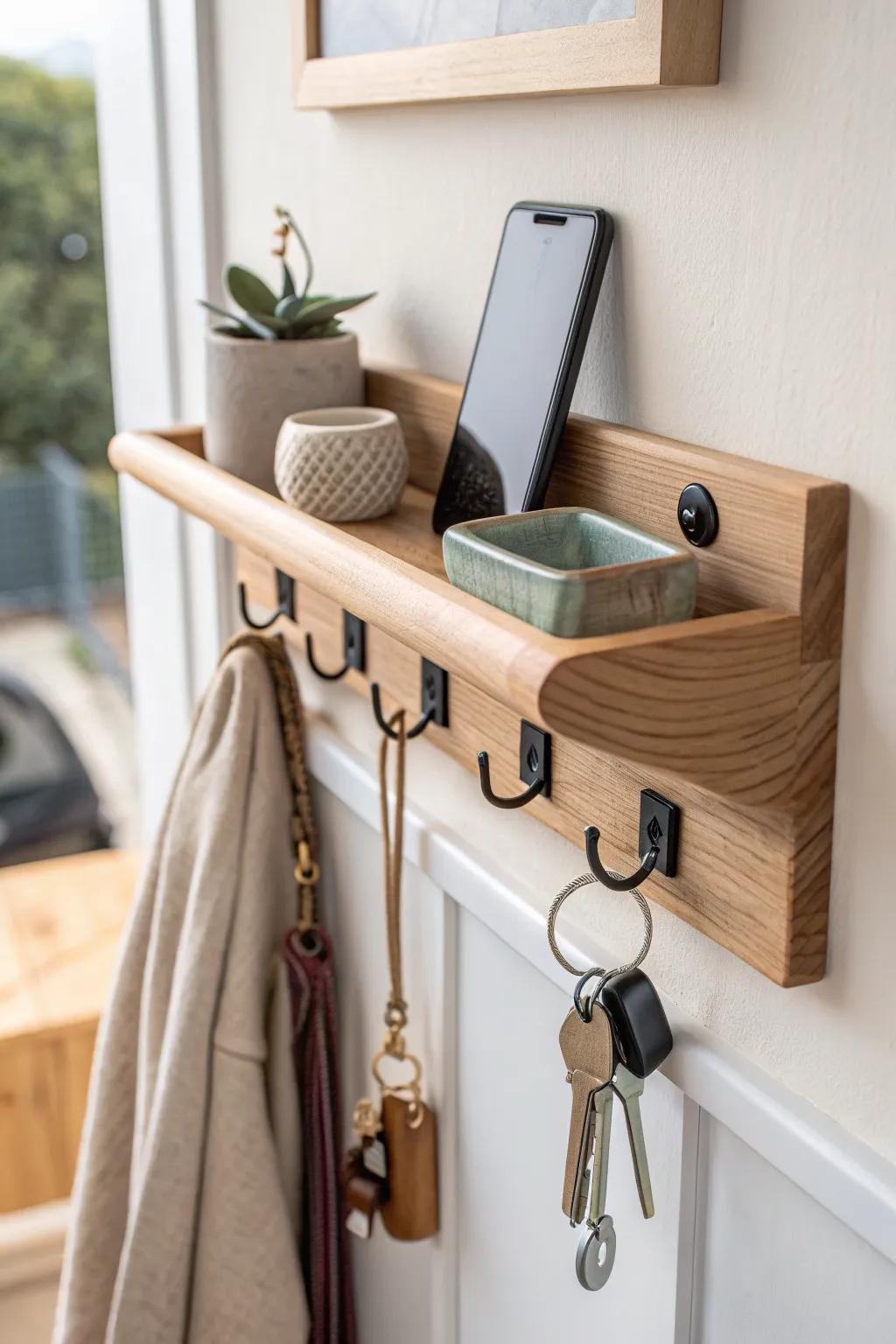 A chic entryway command center: hooks, tray, and hidden charging—no more lost keys.