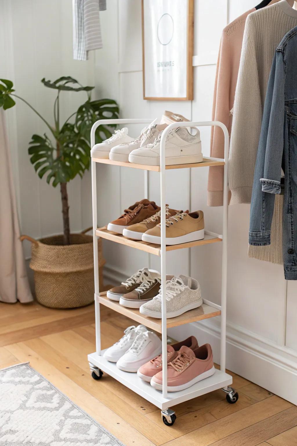 A chic rolling sneaker cart keeps pairs organized—and glides beside you while you plan outfits.