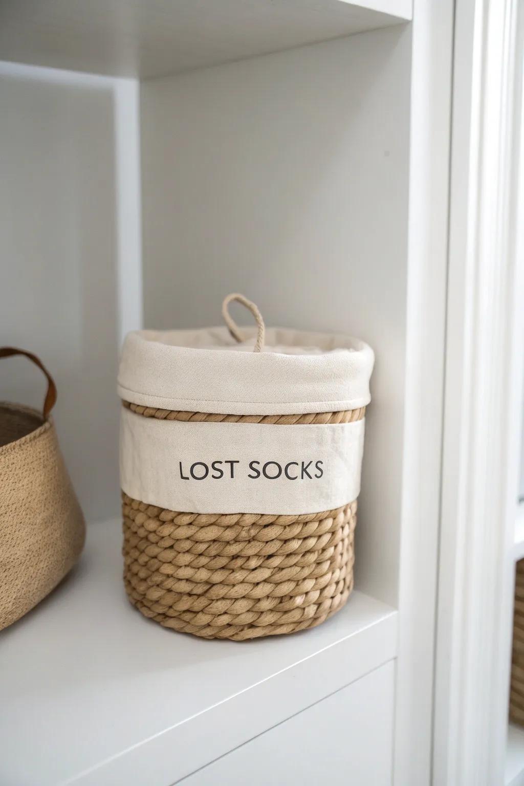 A stylish “lost sock” quarantine bin—keep strays contained, then purge after two weeks.