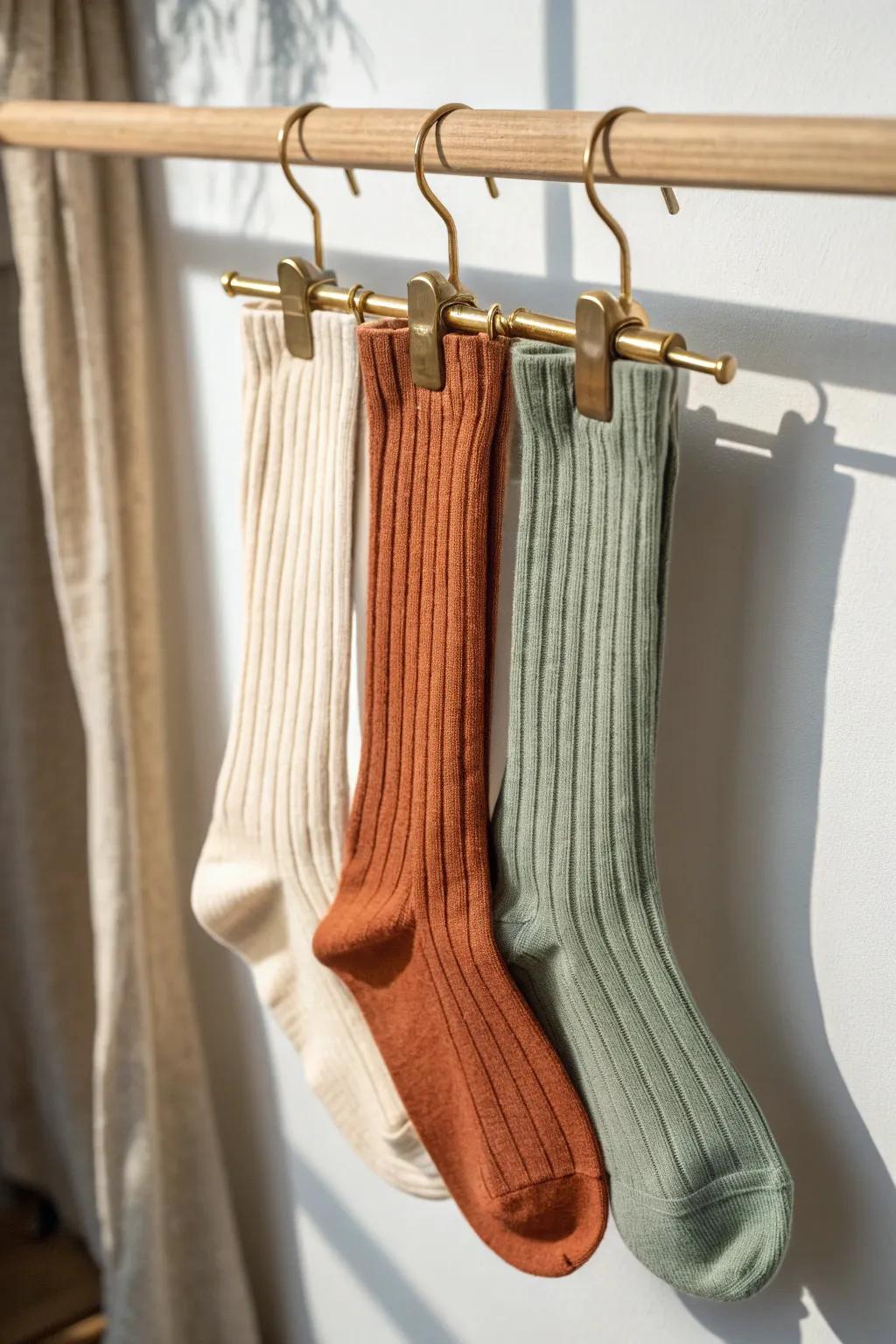 Keep sock pairs together with a chic clip hanger—minimal, tidy, and closet-ready.