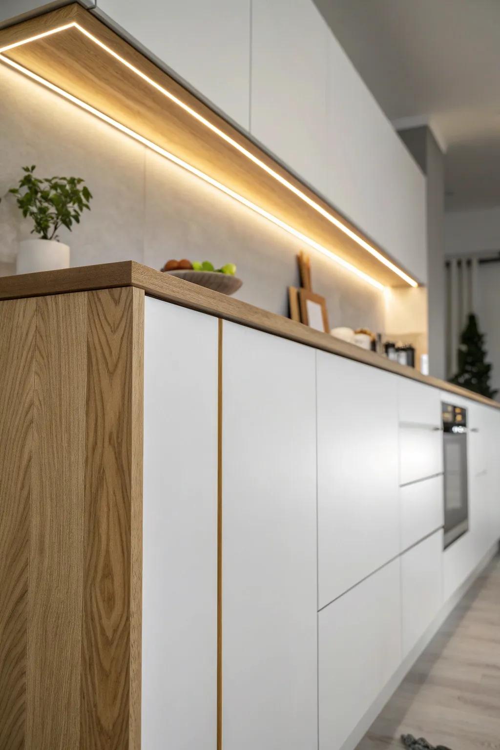 Hidden warm LED strips above cabinets add height, softness, and a finished nighttime glow.