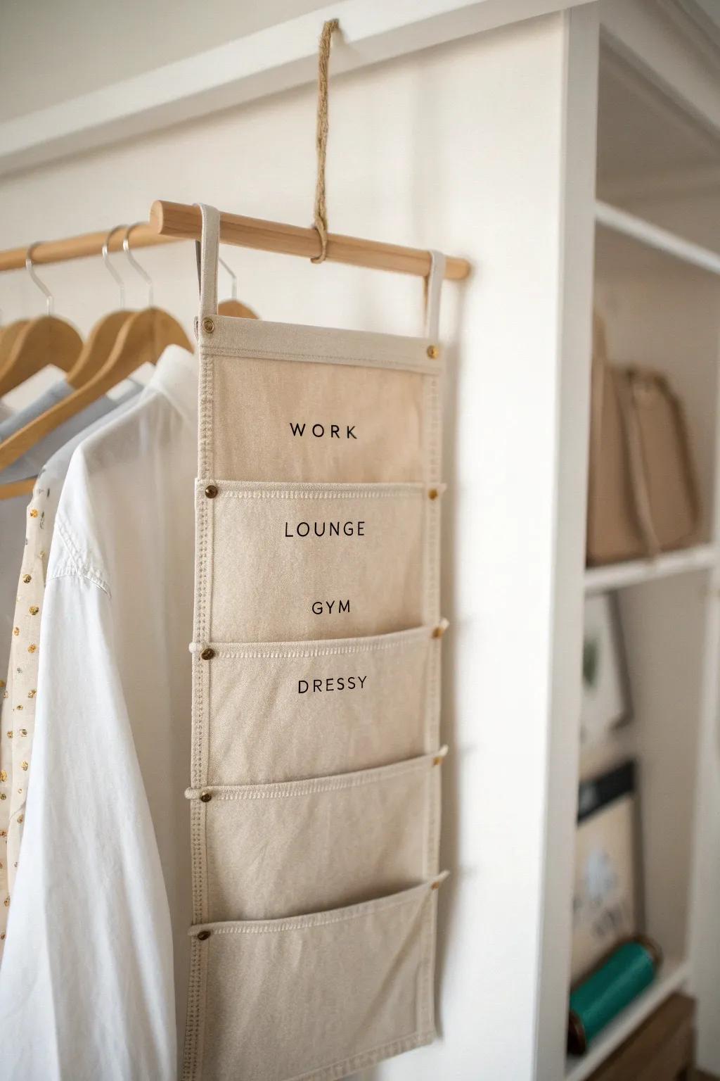 Zone your tiny closet with a chic linen hanging organizer—work, lounge, gym, dressy.