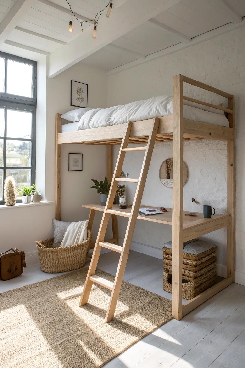 A loft bed that doubles your space—sleep above, a calm workspace below.