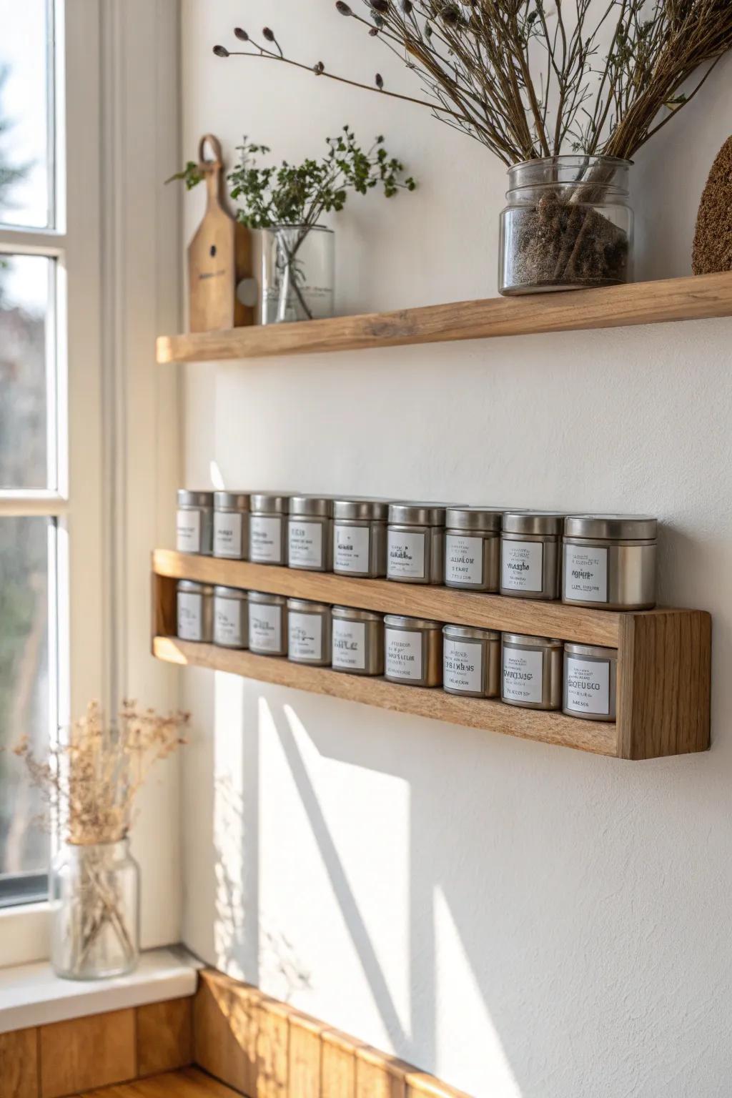 Magnetic strip + metal tins: a chic, space-saving spice rack that keeps tiny kitchens clutter-free.