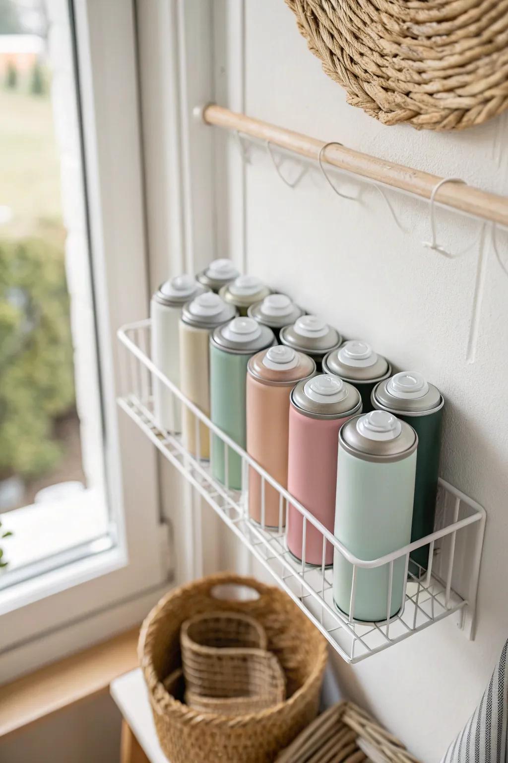 Minimal wire shelf rack keeps spray paint cans visible, airy, and beautifully organized.