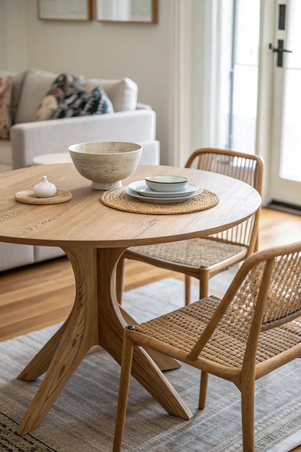 A simple round table corner makes a square living room work beautifully as a dining nook.