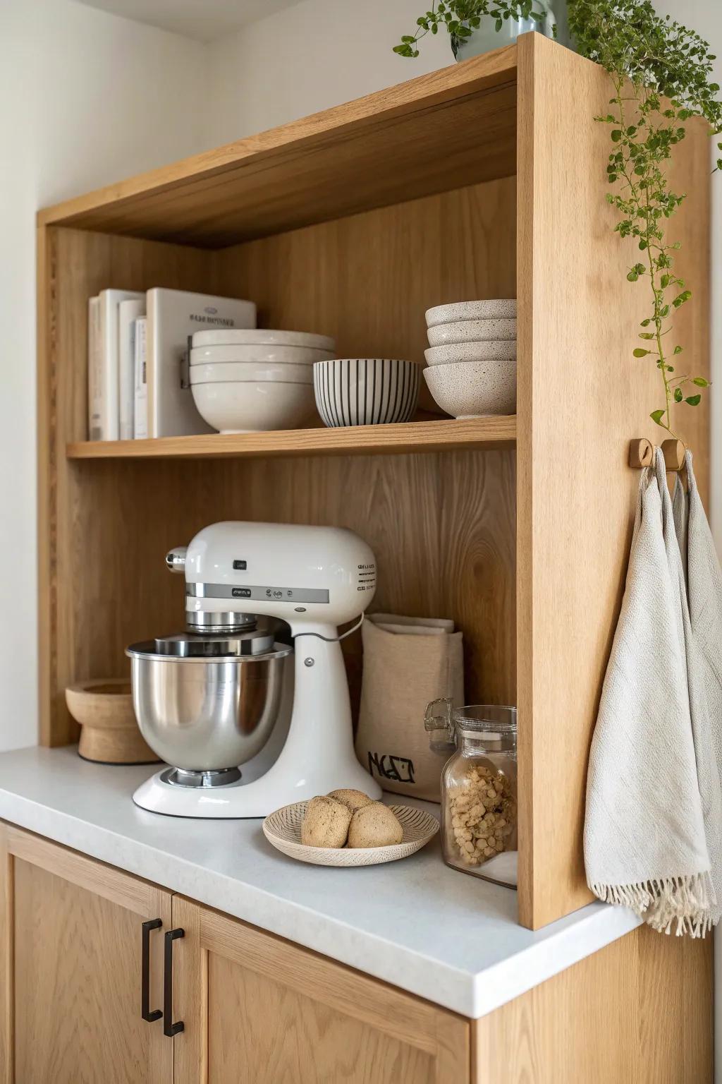 A simple cabinet shelf riser doubles your baking storage—mixer below, bowls neatly above.