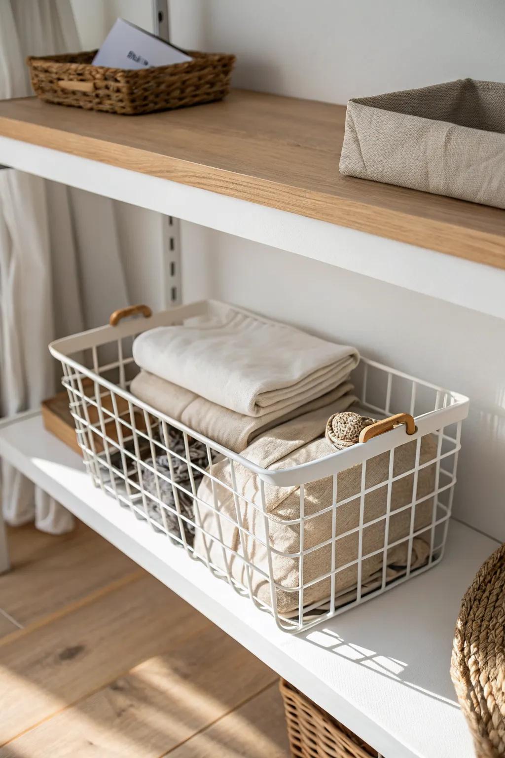 Slide an under-shelf basket in to turn wasted closet airspace into calm, easy-access storage.