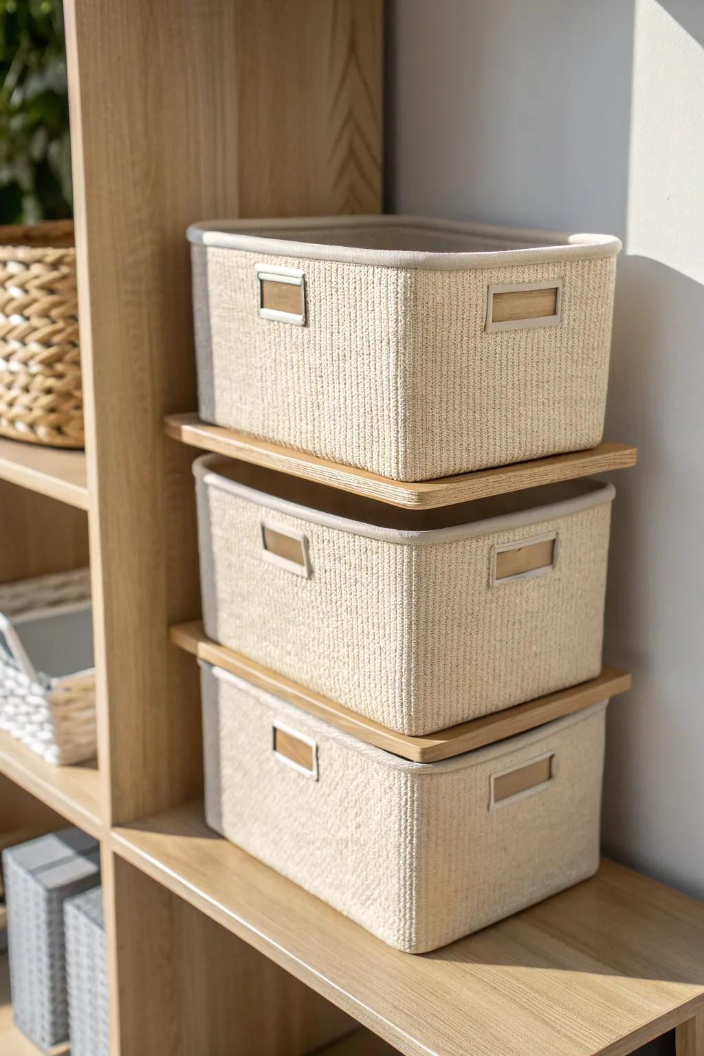 Matching bins instantly calm busy shelves—clean, stackable storage that looks styled.