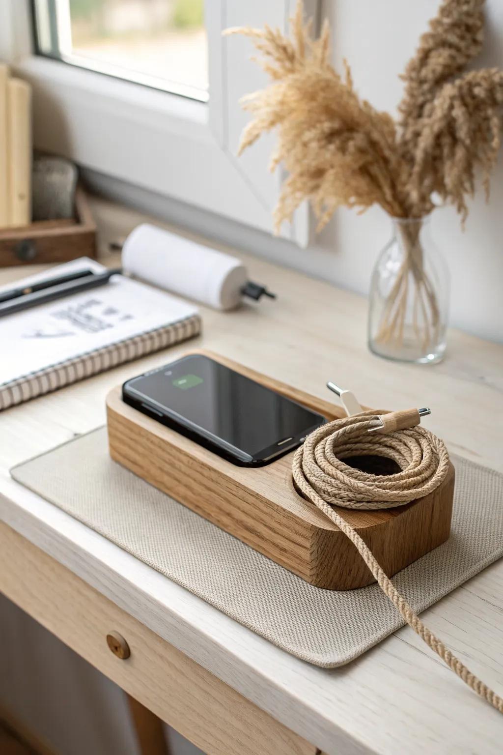 One pretty charging spot keeps cords from taking over your student desk—small-space calm.