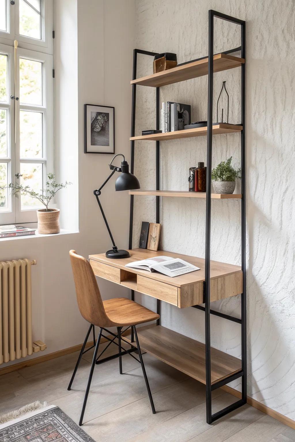 A slim oak desk nook with vertical shelves turns an unused corner into a calm work zone.