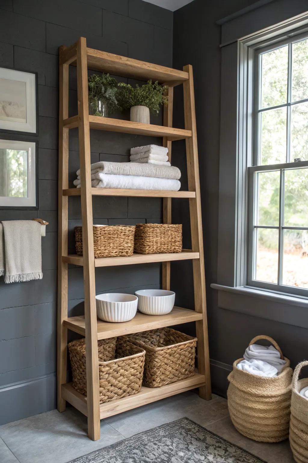 Ceiling-high shelving frees floor space in a tiny basement studio—daily items low, bins up top.