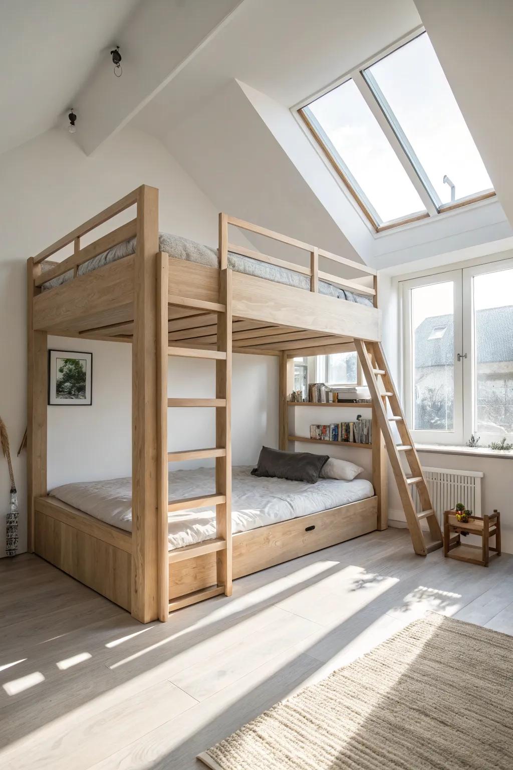 A loft bed in pale oak lifts sleep up high—so your studio can breathe with space below.