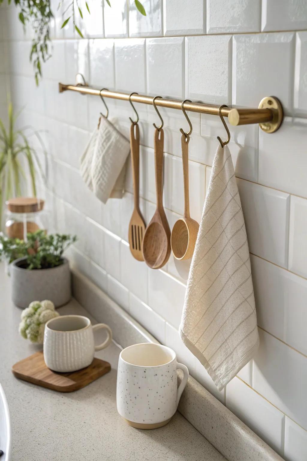 A simple backsplash rail keeps mugs and tools off the counter—perfect for tiny studio kitchens.