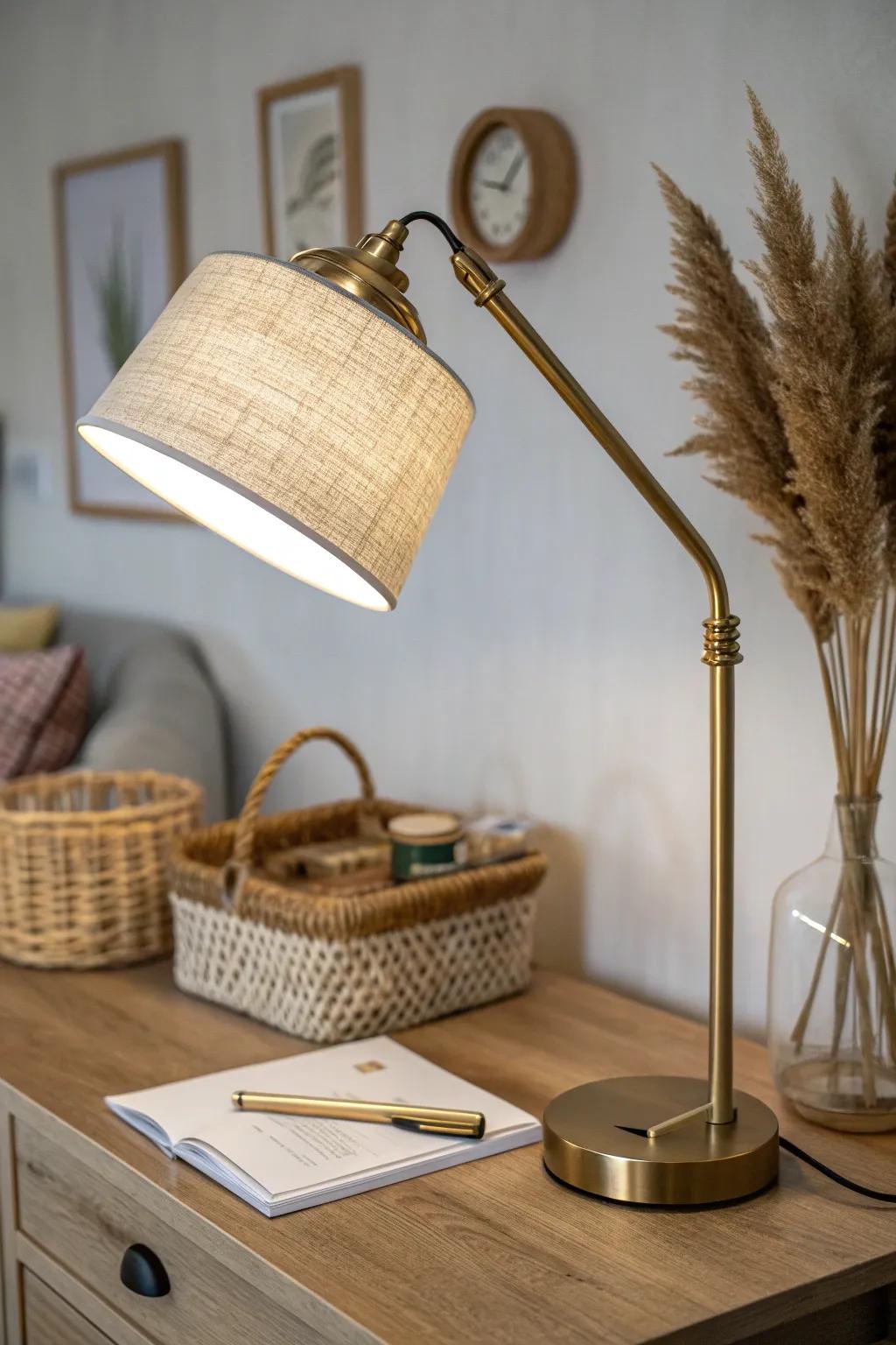 Warm task lamp glow that keeps your living-room study nook cozy after dark, not office-bright.