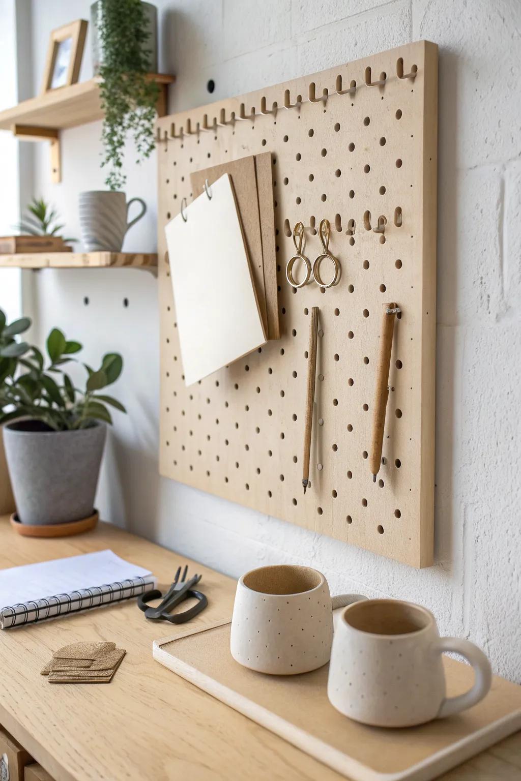 A flexible pegboard wall keeps your study nook tidy—everything in reach, desktop stays clear.