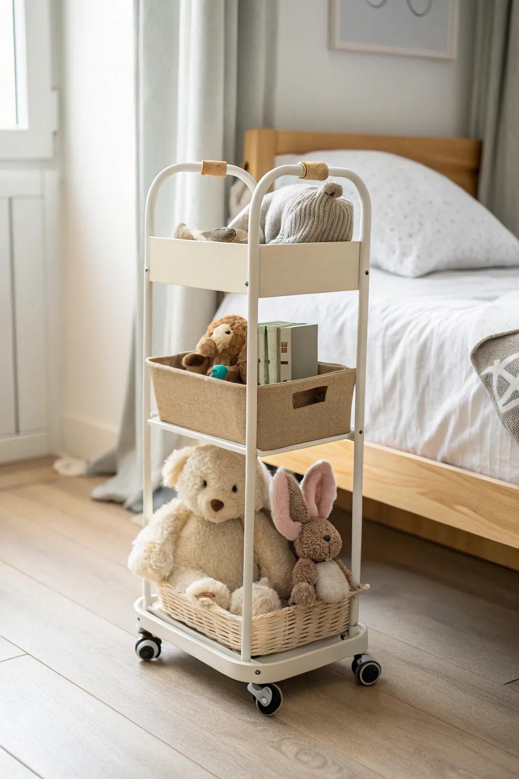 Slim rolling cart corral—park plushies neatly, then roll playtime to any room.