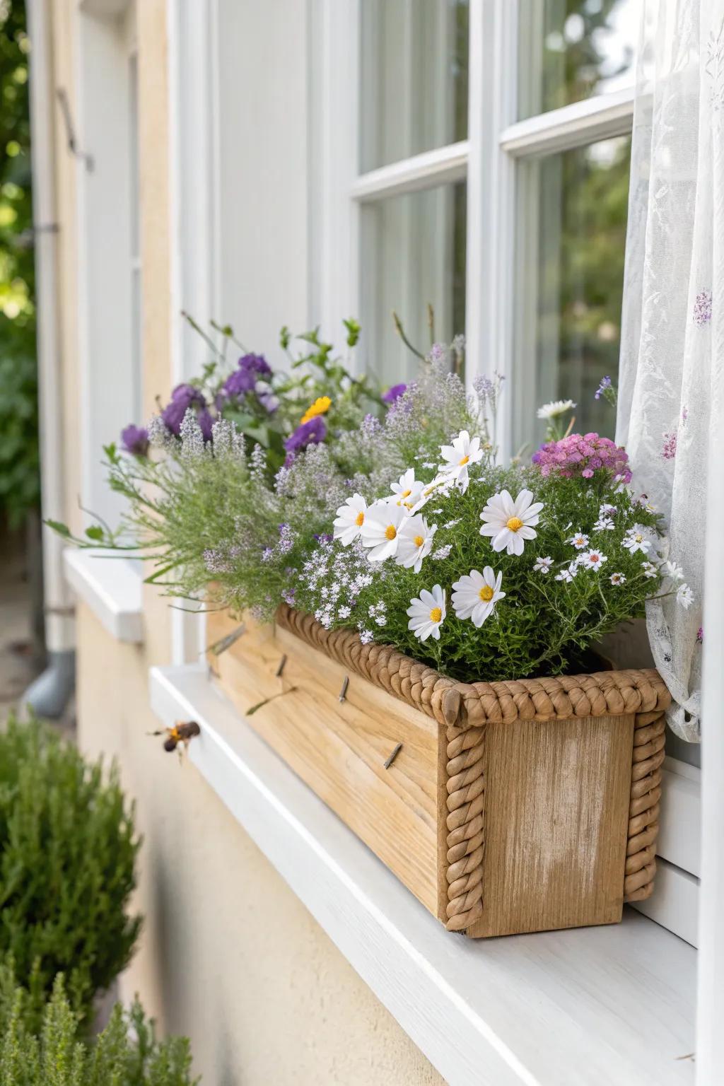 A pollinator-friendly window box bursting with summer blooms—your own tiny nectar café.