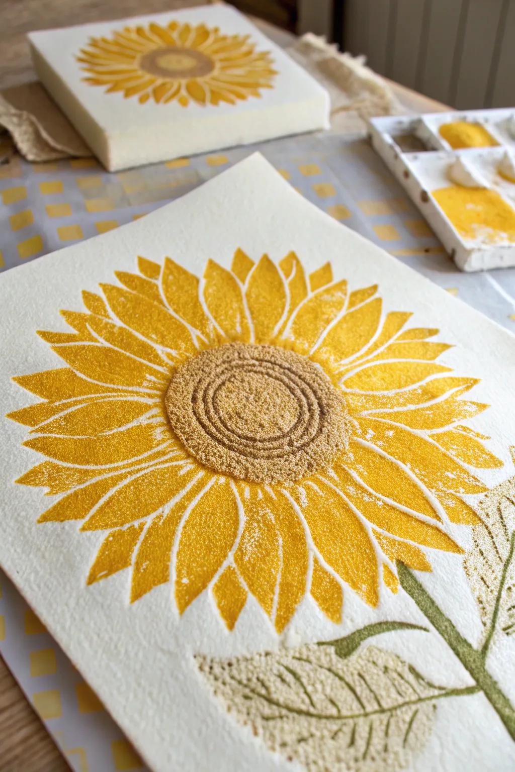 Discover the joy of creating with simple tools: sponge-painted sunflowers for little artists!