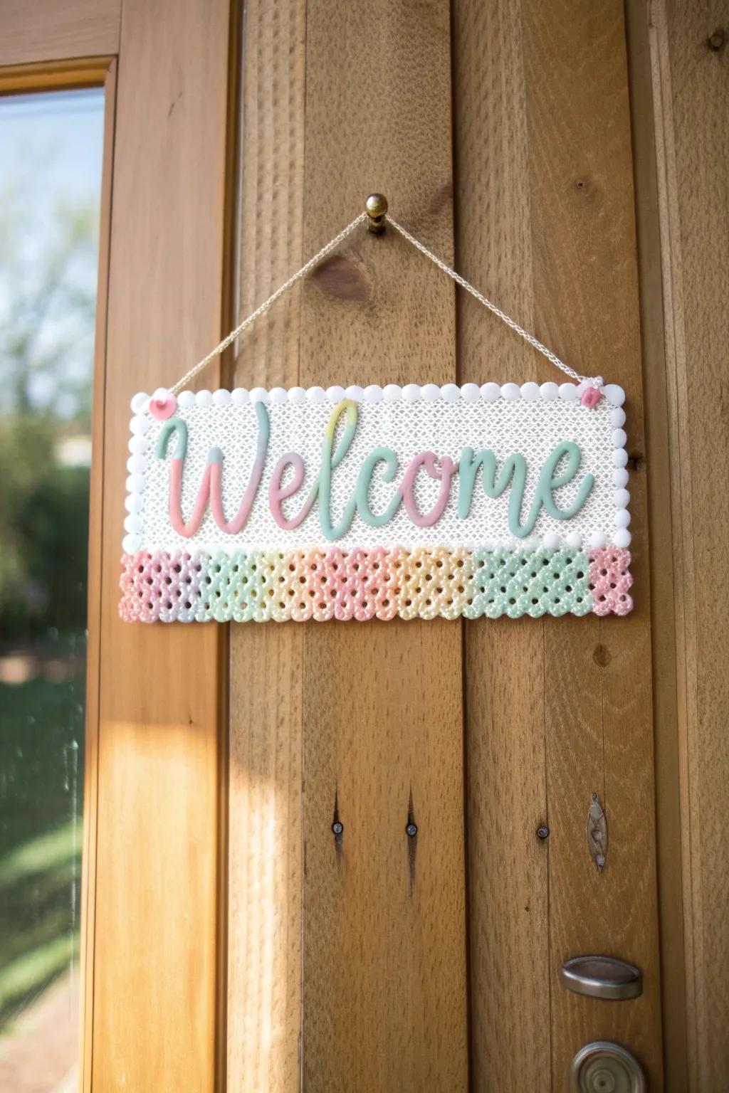 Add a warm, artistic touch to your classroom with this charming Perler bead 'Welcome' sign!
