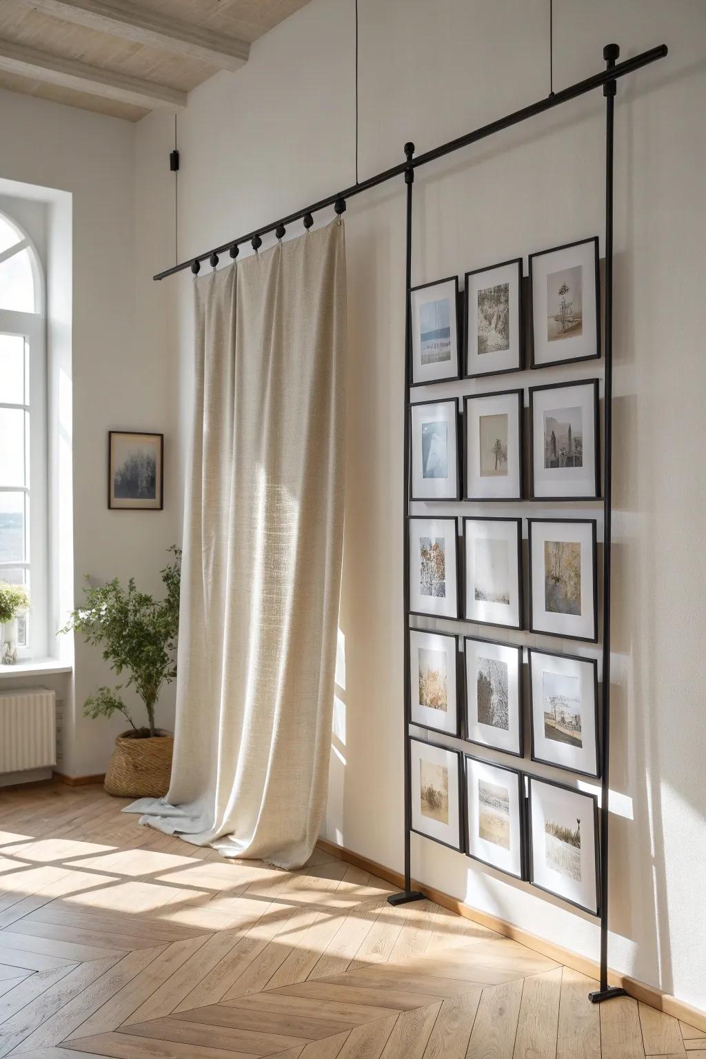 A floating frame grid on a tension rod—an airy, swap-anytime divider for tiny rooms.