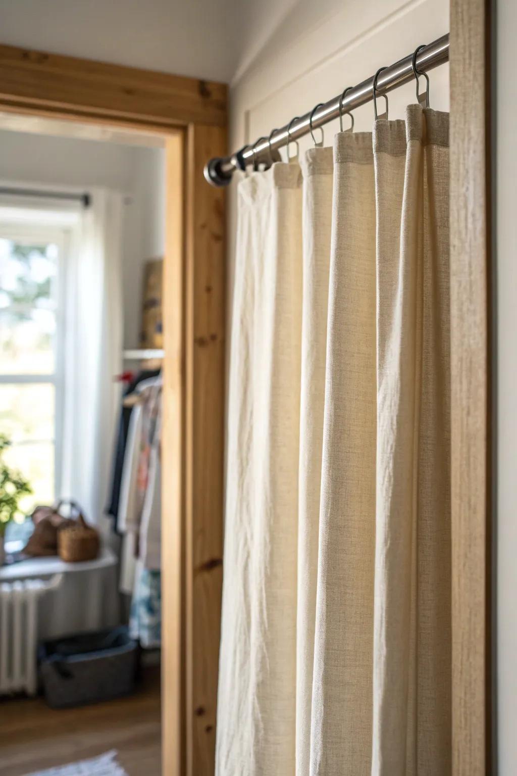 A simple tension rod + linen curtain hides a laundry nook and keeps small spaces serene.